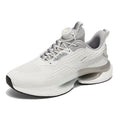 Men's white rotating button running shoes with mesh upper and buckle closure on a solid background.