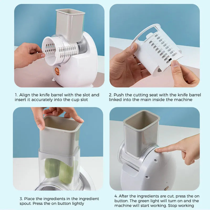 White electric vegetable slicer with rotary grater, strong suction base, and multiple blade attachments