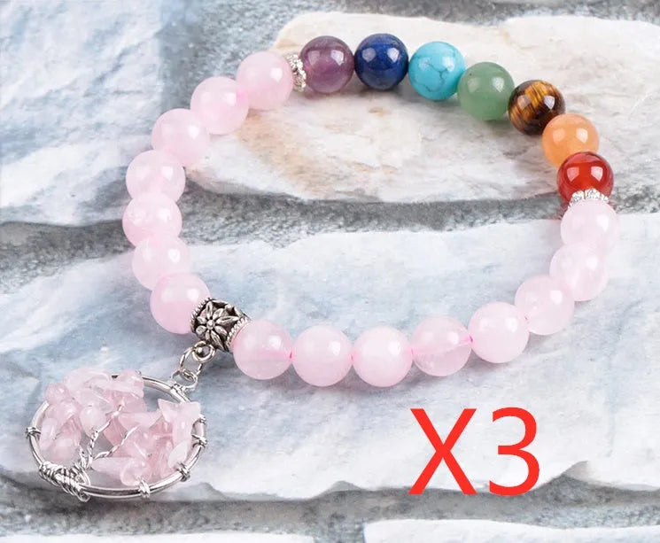 Natural powder crystal beaded bracelet with copper fittings, eight-millimetre beads, seven chakras colour, inner circumference 18.8 cm