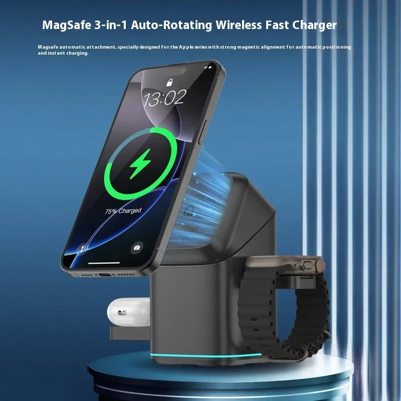 Black magnetic wireless phone charging stand showing 180-degree rotation with Type-C cable