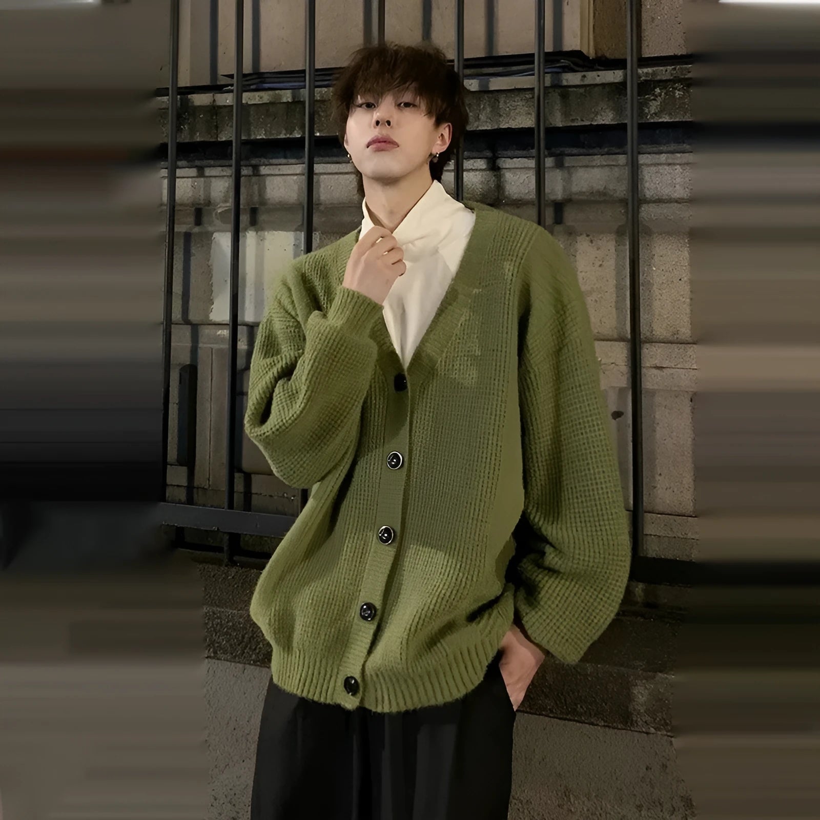 Men's loose fit V-neck cardigan sweater in cotton blend fabric available in multiple colours