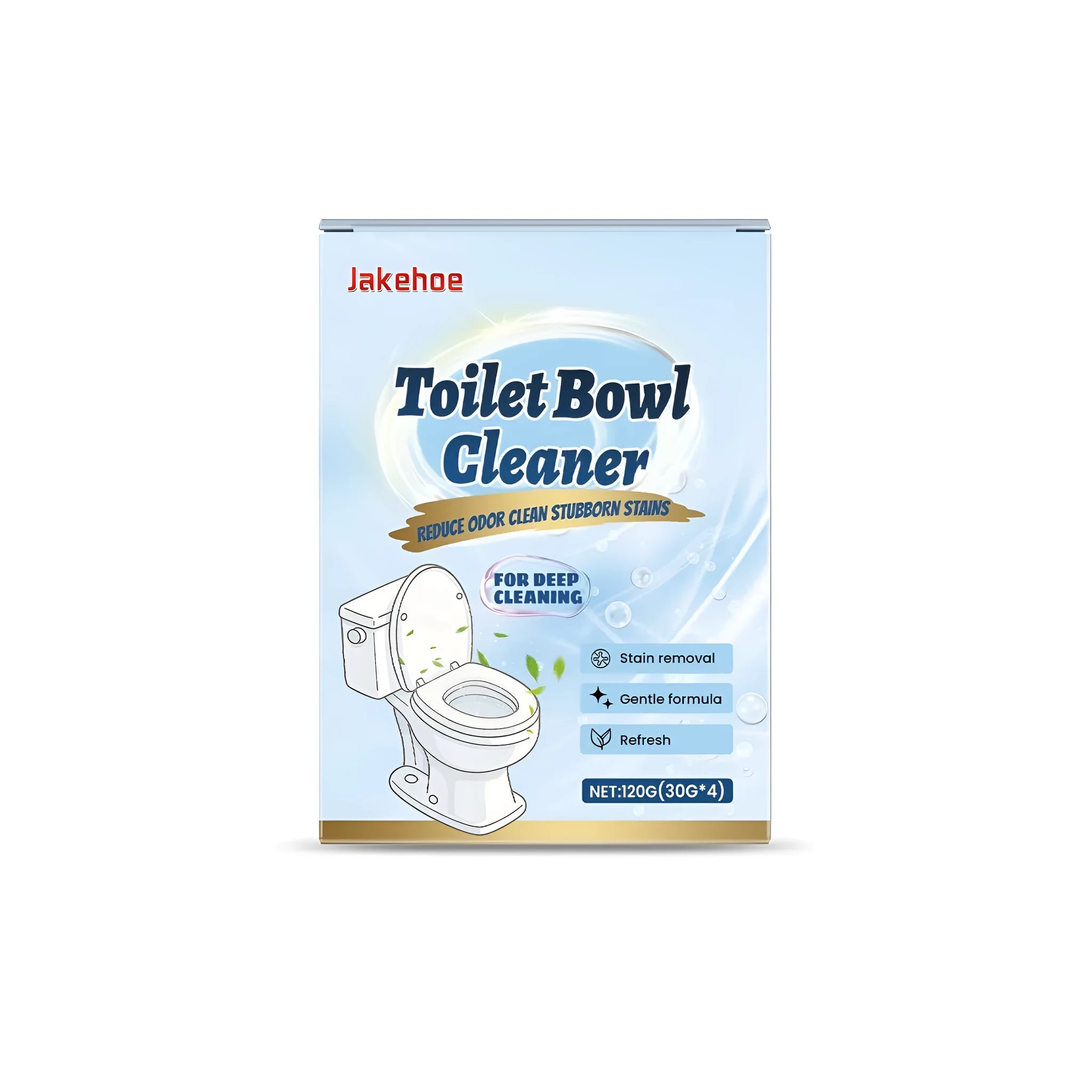 Four sachets of toilet cleaning powder on a blue background, each labelled 30g.