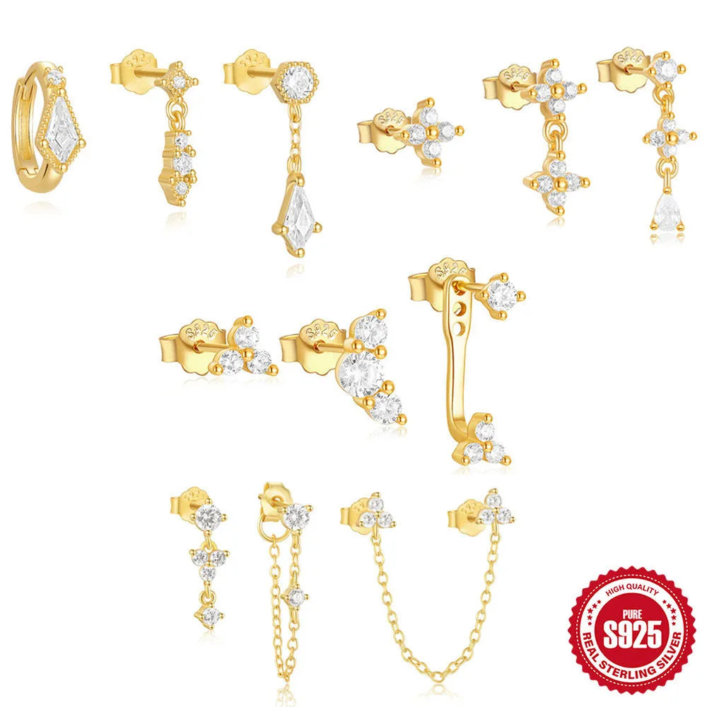 Set of three pairs of S925 sterling silver geometric zircon tassel earrings in gold tone colours