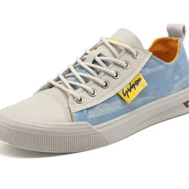 A pair of men's casual canvas lace-up shoes with a round toe and rubber sole.