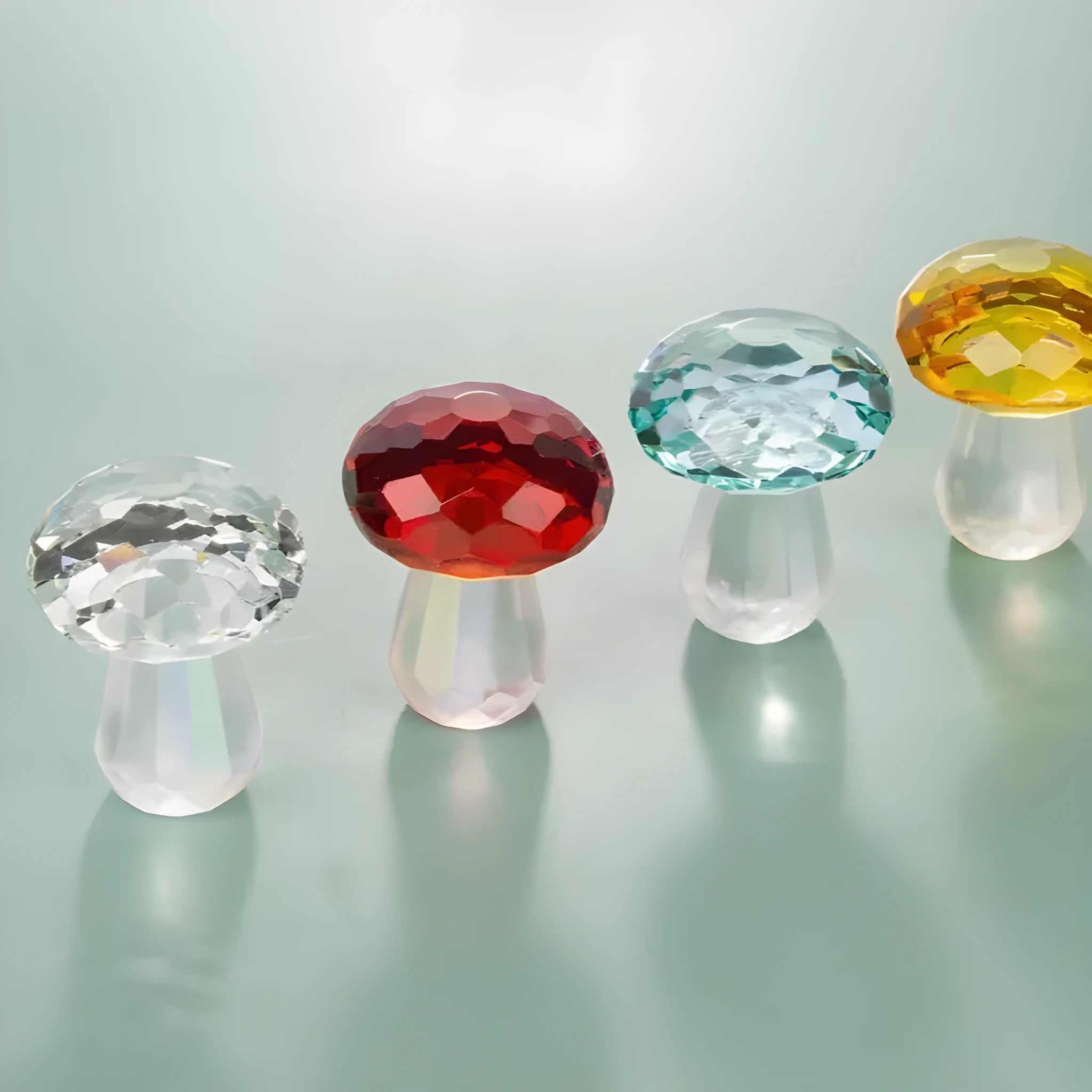 Modern crystal mushroom decorative craft measuring 40x53mm in transparent, green, red, or yellow with geometric styling
