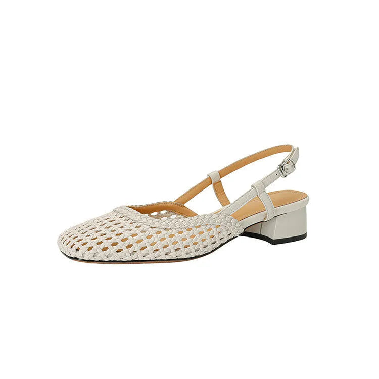 Women's beige woven closed-toe sandals with a square toe, belt buckle, and chunky 4cm heel on a rubber sole.