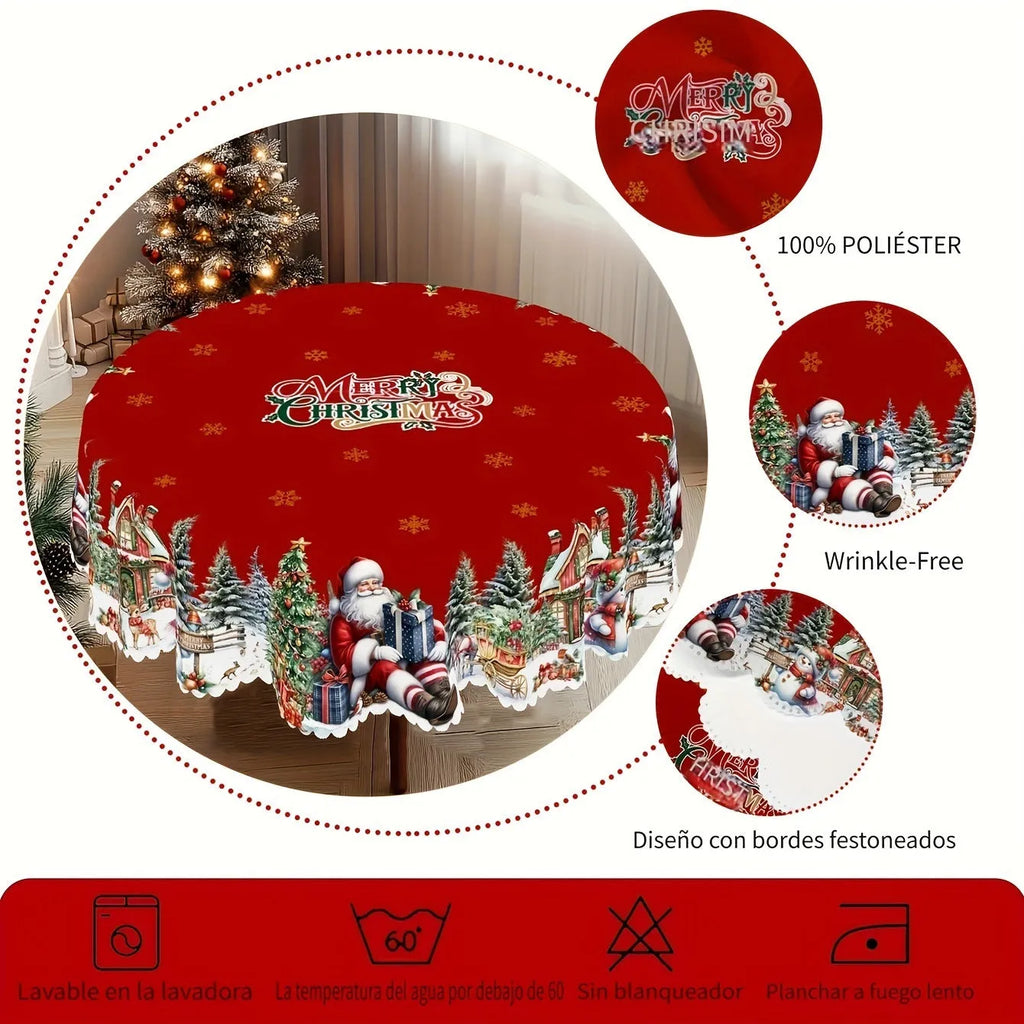 Round polyester Christmas tablecloth with snowflake and Santa print, 152cm diameter, non-slip and heat resistant