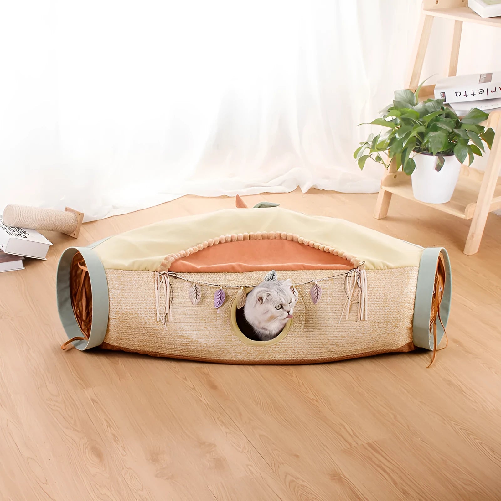 Avocado cat tunnel toy with drill hole made from polyester and nylon on a light background