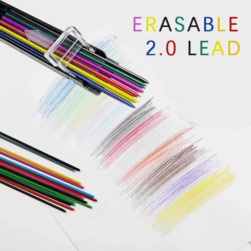 Box containing 12 multi-colour mechanical pencil lead refills for drawing and writing.