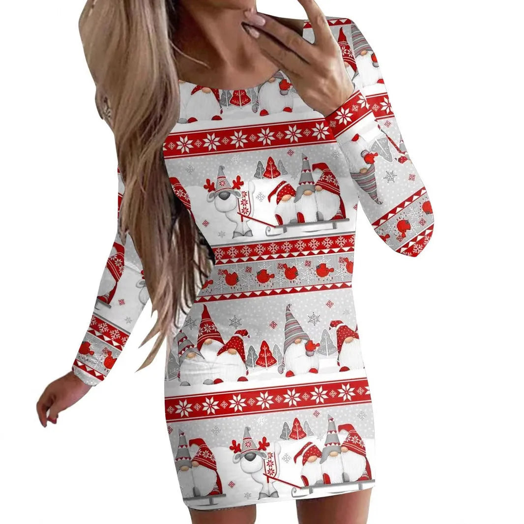 Christmas printed dress with animal pattern design showing narrow fit and hip skirt styling