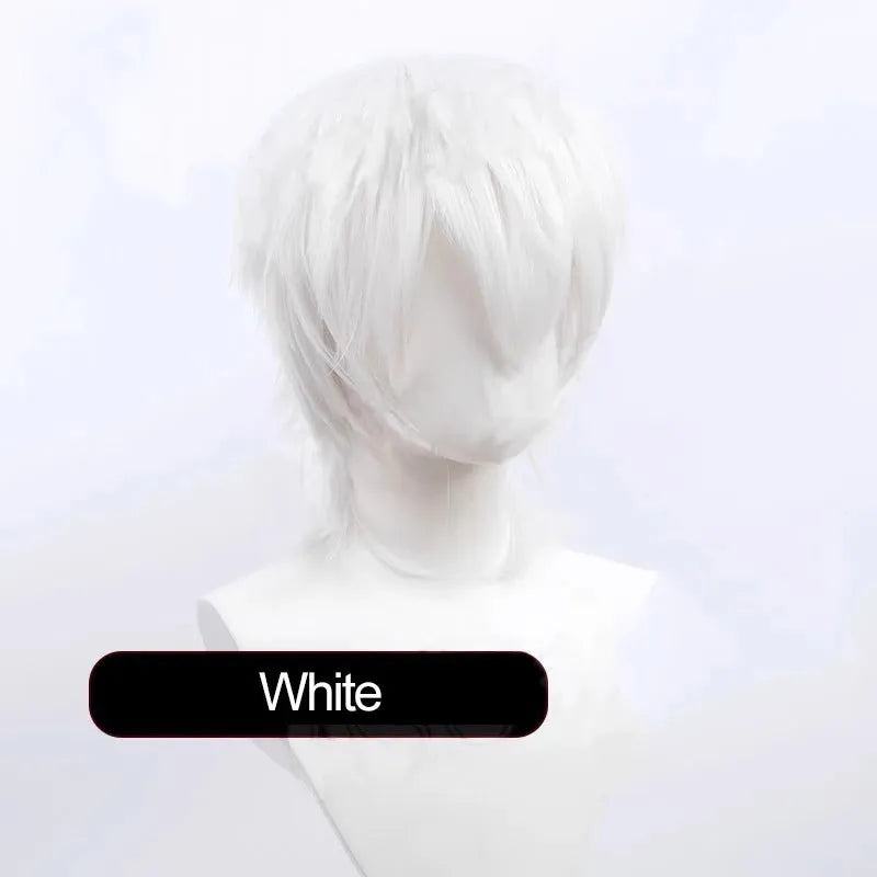 A short-style anime cosplay wig for men in high-temperature fiber, shown in a red colour option.