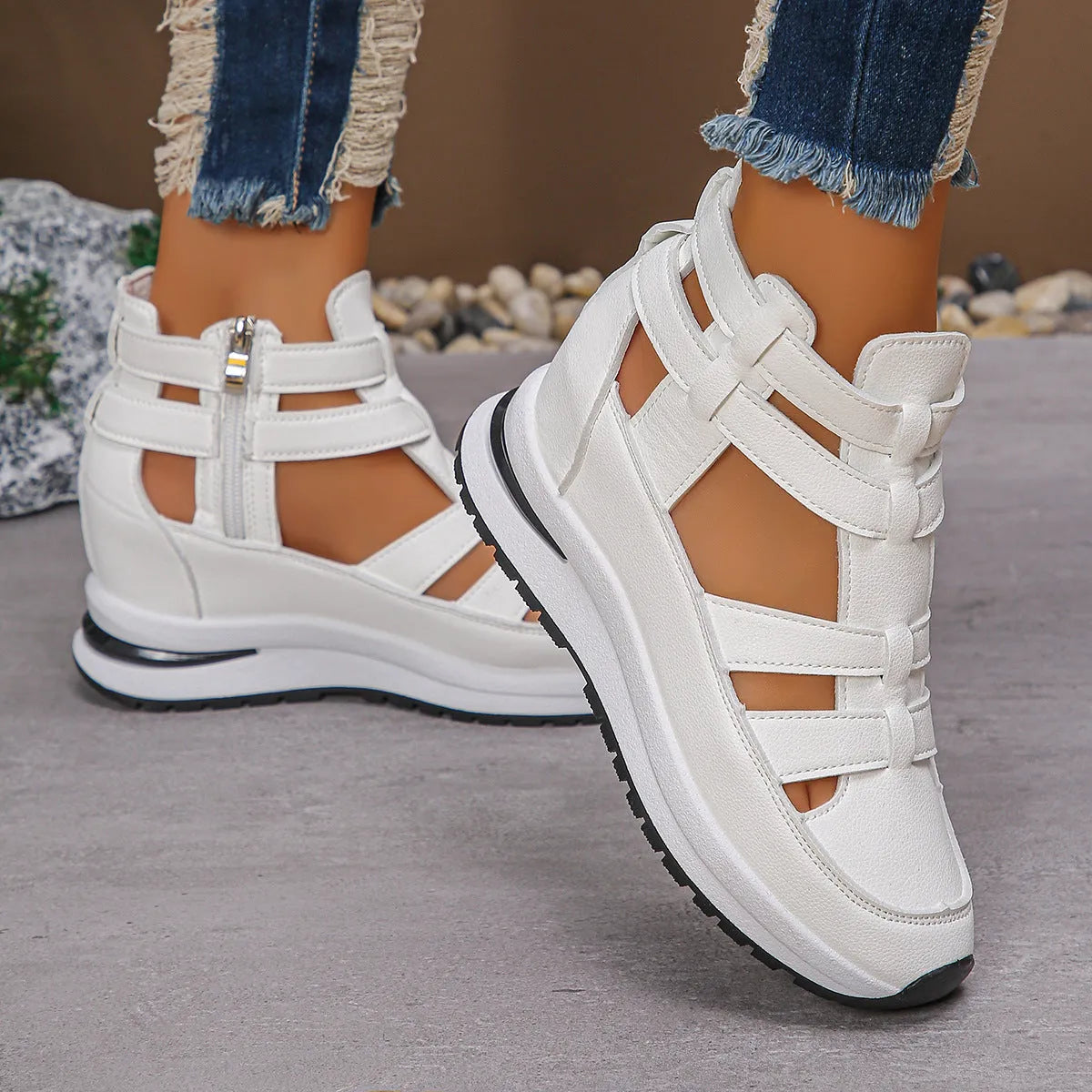 Women's black platform sandals with closed-toe hollow-out design and velcro fastening