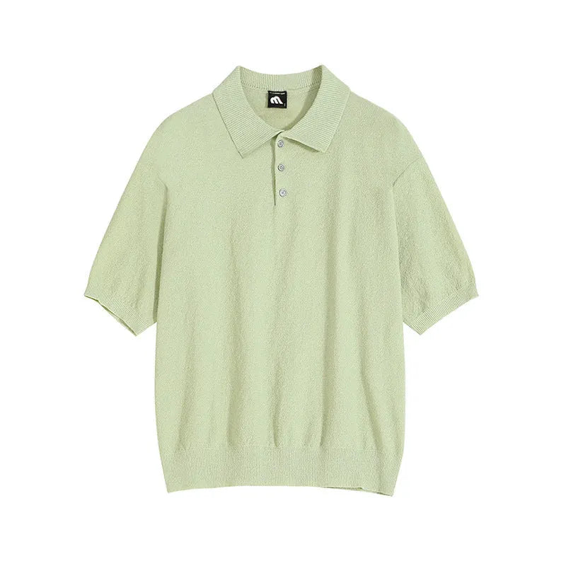 Men's caramel coloured knitted polo shirt with asymmetric design detail and short sleeves