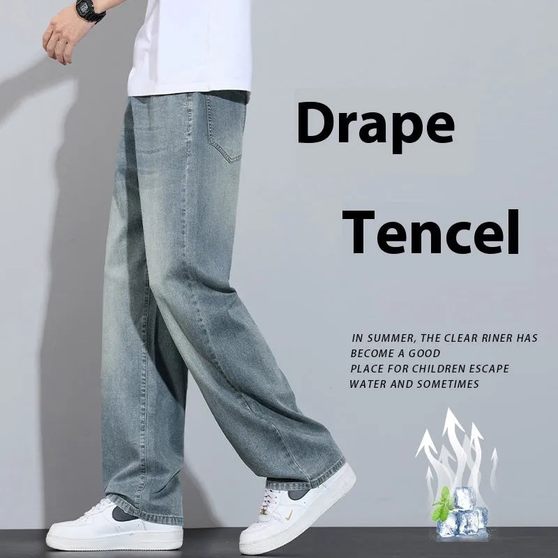 Men's straight leg trousers in ice silk denim with wide leg silhouette showing zip fly detail