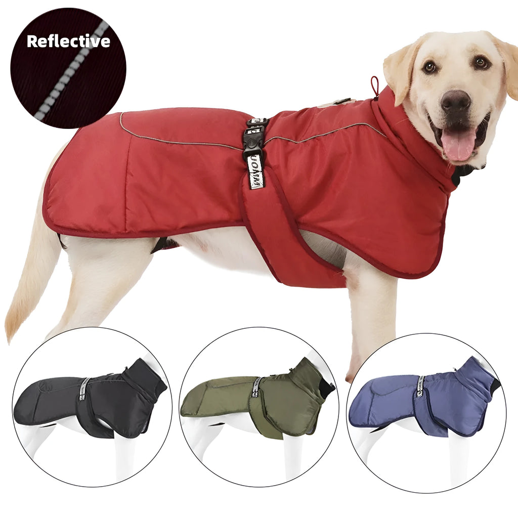 Dog wearing thickened warm reflective cloak-style vest in polyester, available in multiple sizes