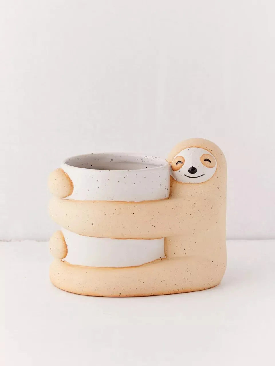 Ceramic sloth flower pot with green plant, 9cm diameter, medium size, photo colour