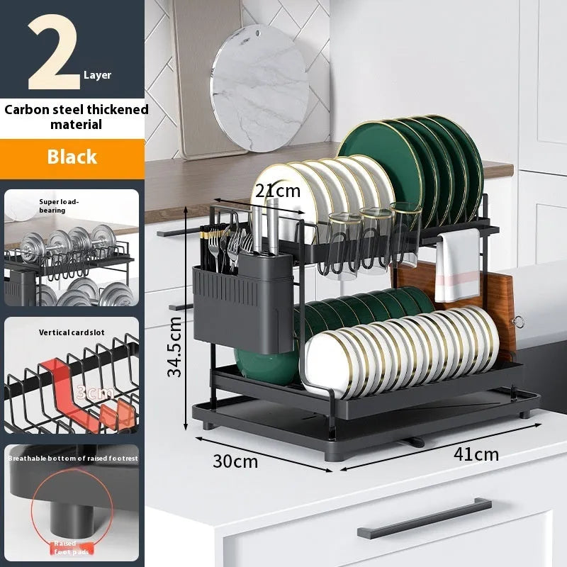 White double-layer kitchen storage rack with removable draining tray on countertop