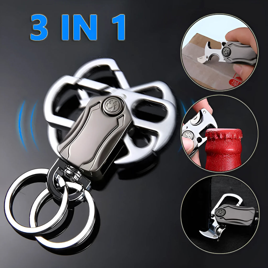 3-in-1 fidget spinner keychain with pocket knife and beer bottle opener in polished chrome-plated alloy