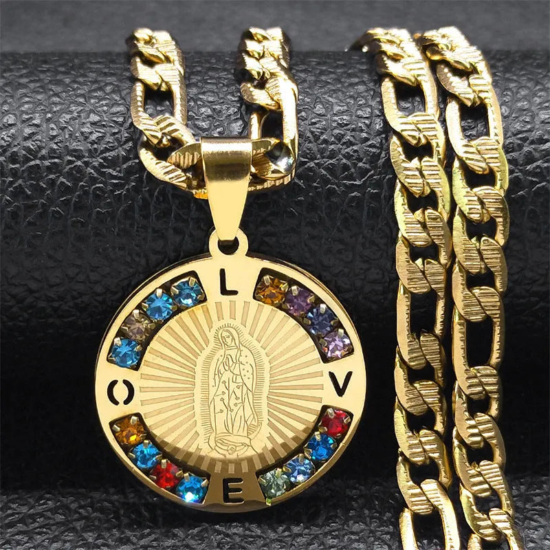 Colour crystal necklace titanium steel electroplated finish geometric shape gold and steel colour unisex