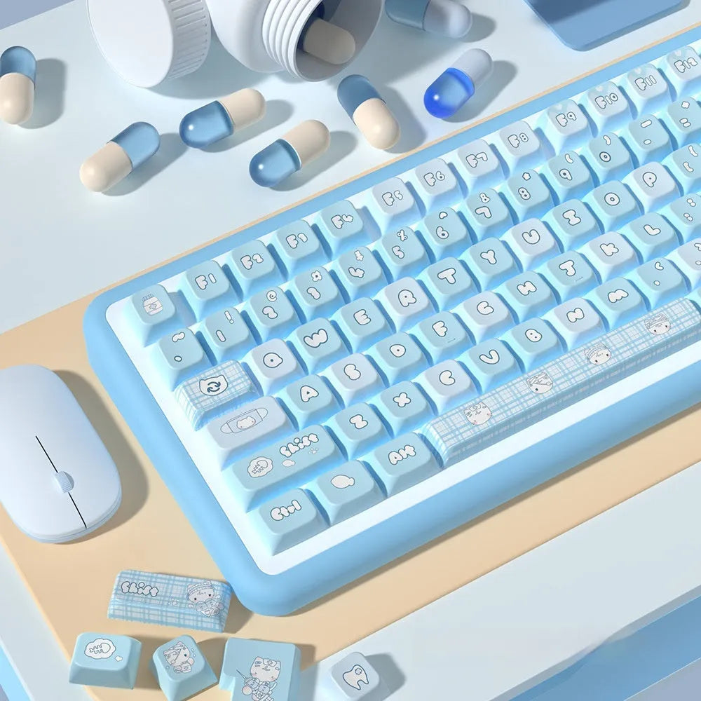 Custom watercolour kitten design mechanical keyboard keycap set with opaque legends, shown in a box.