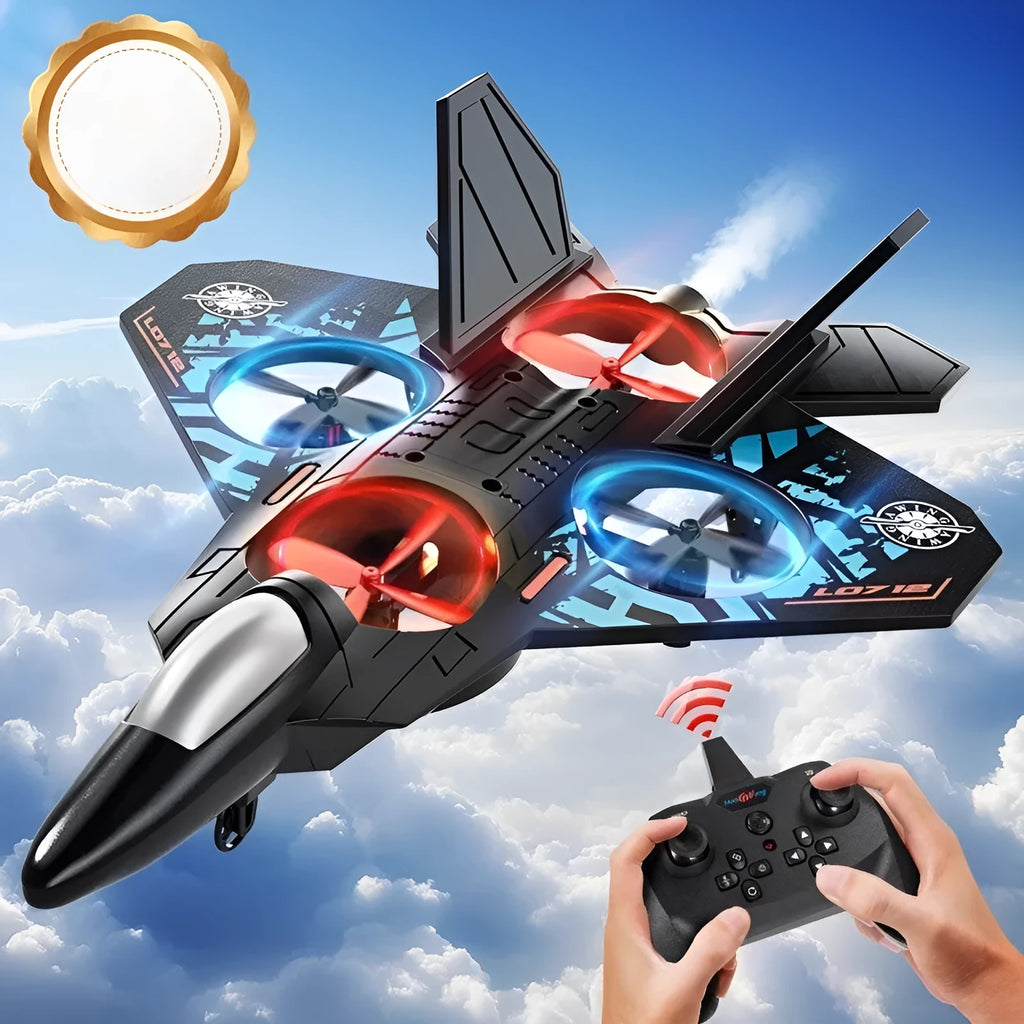 Remote control fighter jet model toy in plastic with USB charging, shown in 8th Generation Blue or Gray with battery module options