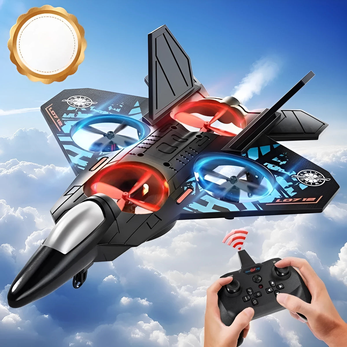 Remote control fighter jet model toy in plastic with USB charging, shown in 8th Generation Blue or Gray with battery module options