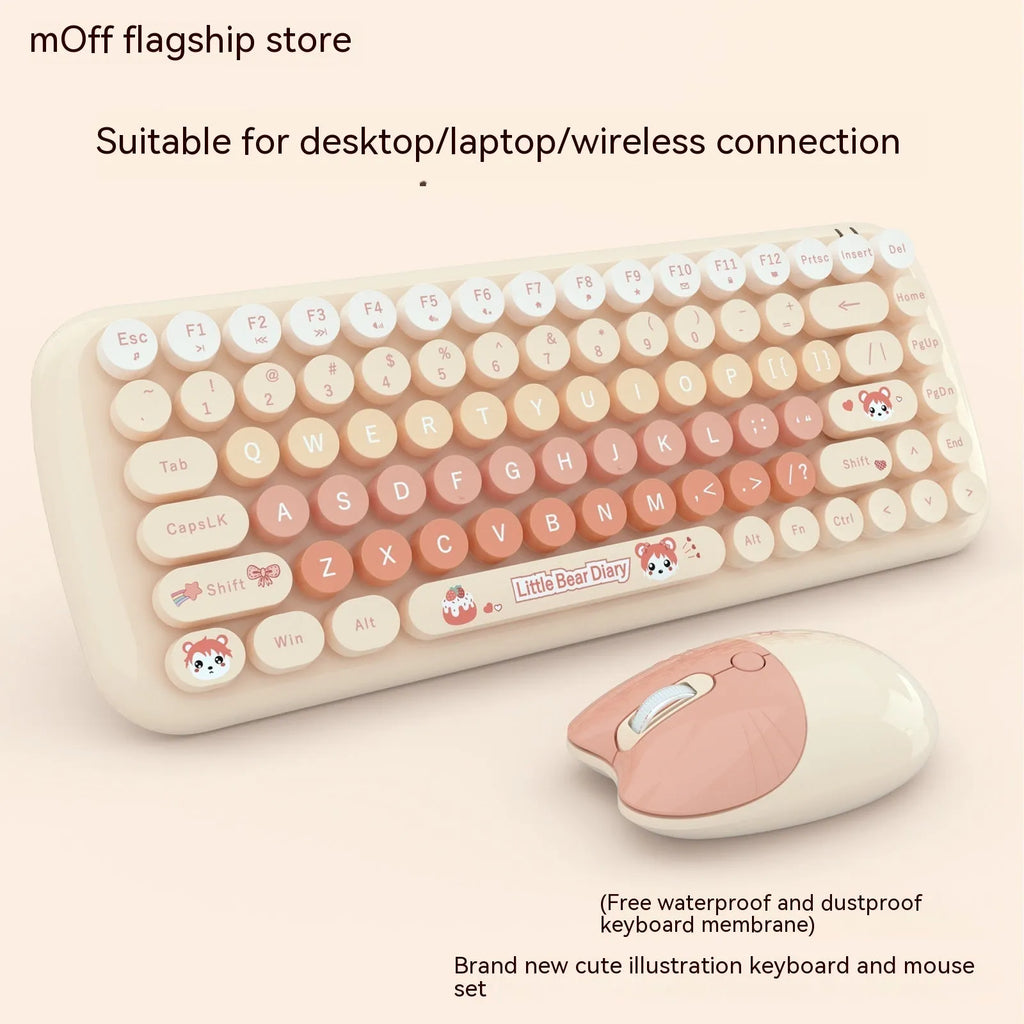 Candy pink compact wireless keyboard and mouse set with USB receiver on a desk