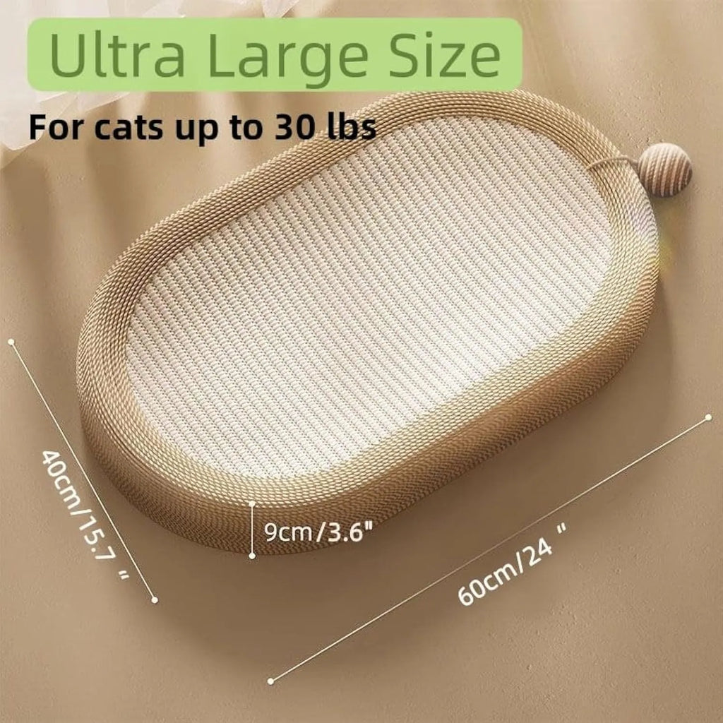 Large sisal fibre cat scratching board with a raised lounging bed platform on top.