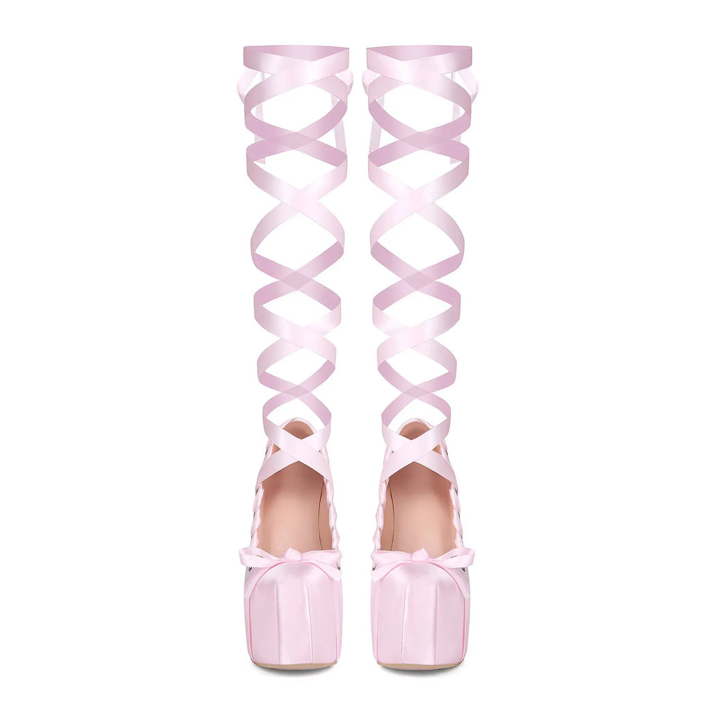 Pink chunky heel lace-up platform pumps with thick heel, round toe, and imitation leather upper