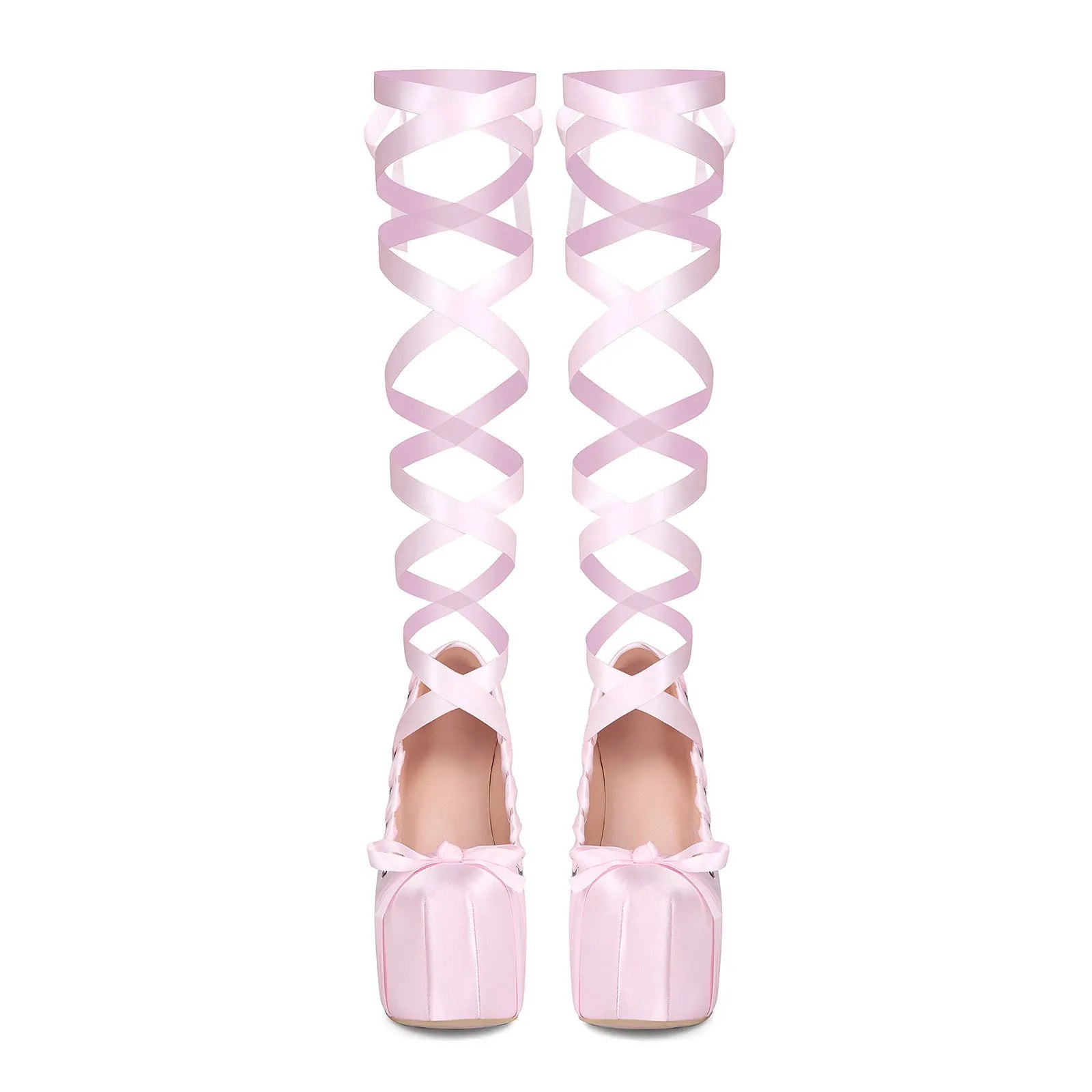 Pink chunky heel lace-up platform pumps with thick heel, round toe, and imitation leather upper
