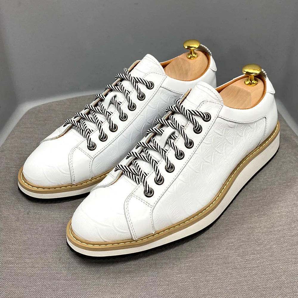 Men's low-tube handmade shoes with embossed pattern design and front tie closure in multiple colour options
