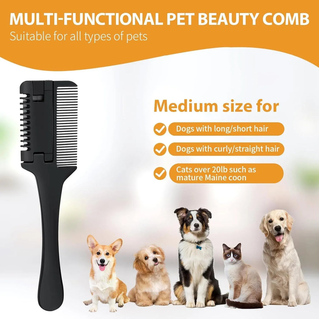 Black pet grooming comb with razor blades and package of ten replacement blades.