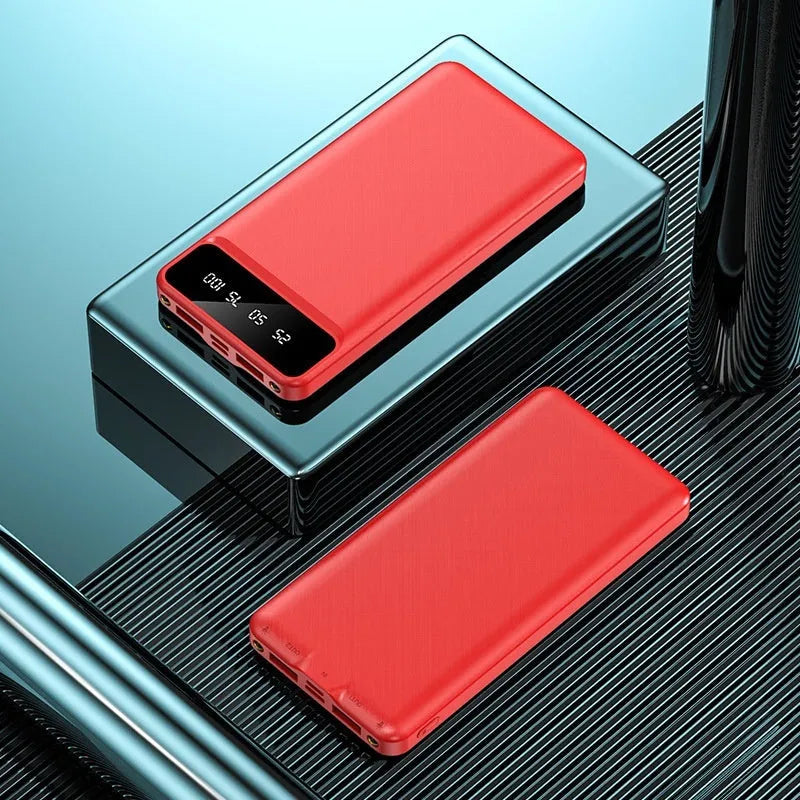 20000 mAh black power bank with charging cable showing compact portable design