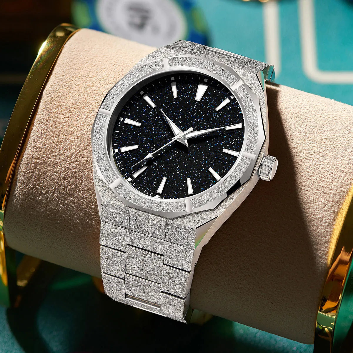 Men's business watch with stainless steel frosted case and luminous hands in silver, gold or black