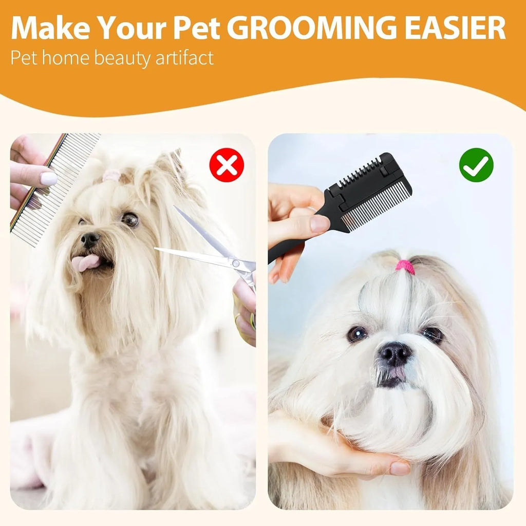 Black pet grooming comb with razor blades and package of ten replacement blades.