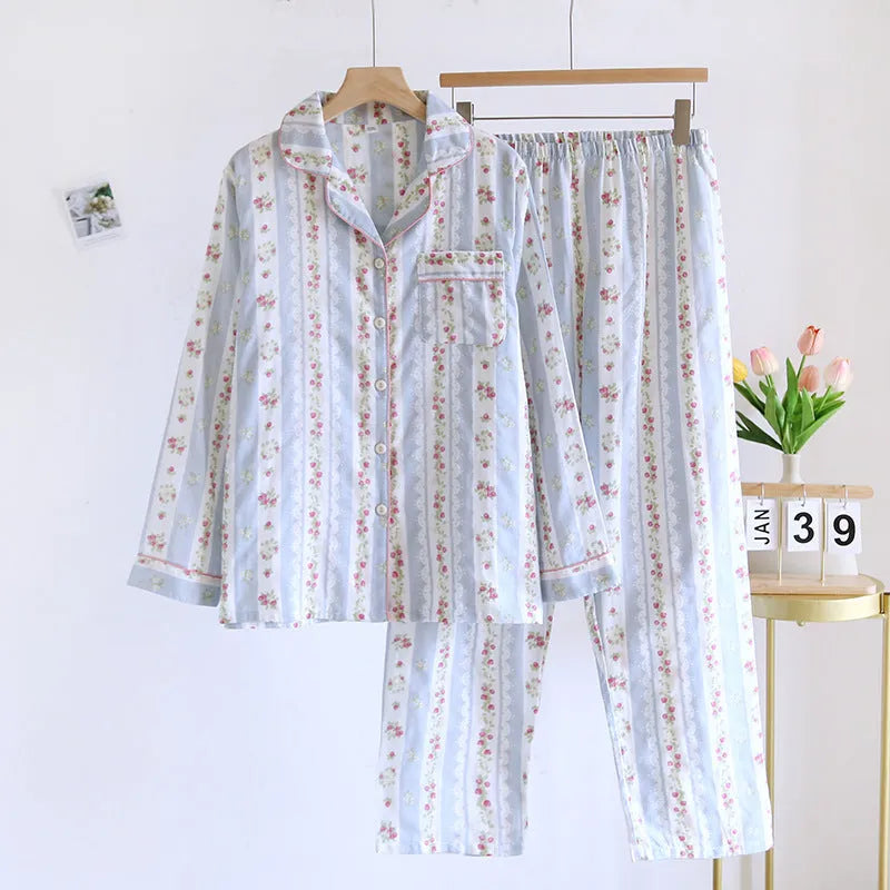 Japanese Sweet Ladies' cotton gauze homewear two-piece set in colour stripes pattern, featuring a long-sleeved top and trousers.
