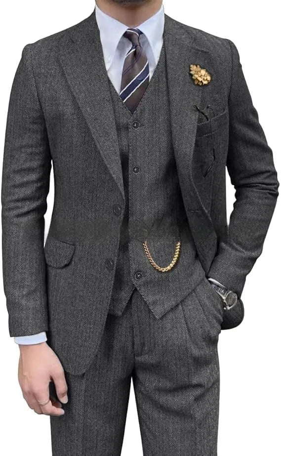 Men's wool slim fit three-piece set with jacket, vest, and trousers in light business style