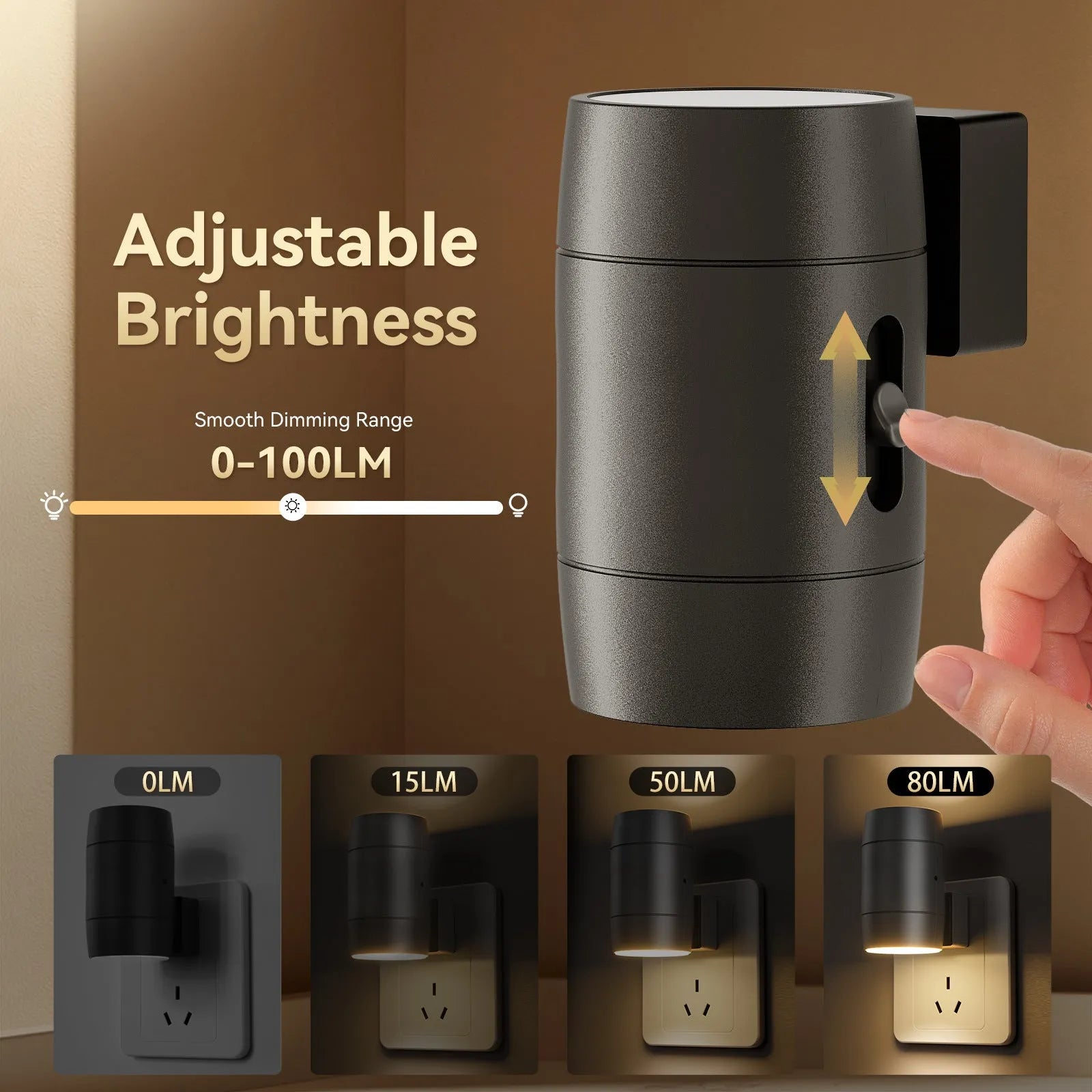 Small white plug-in night lamp with a rotatable head and adjustable brightness control on a grey background.