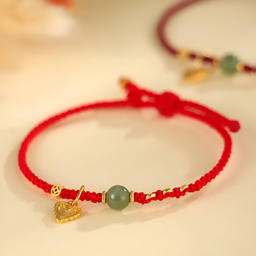 925 silver Hetian jade handmade woven bracelet with red cord strap, women's original design