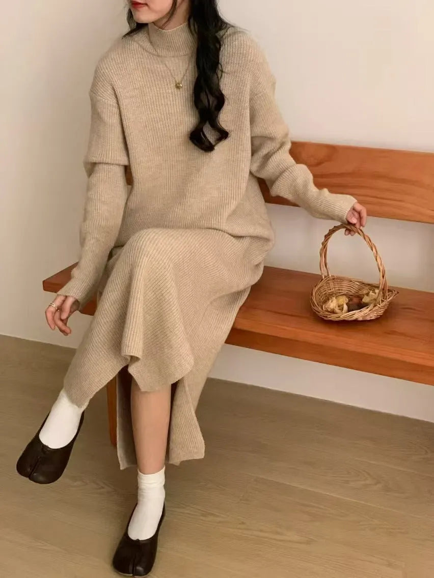 Acrylic half turtleneck knit dress in knee-length high-waist silhouette for work