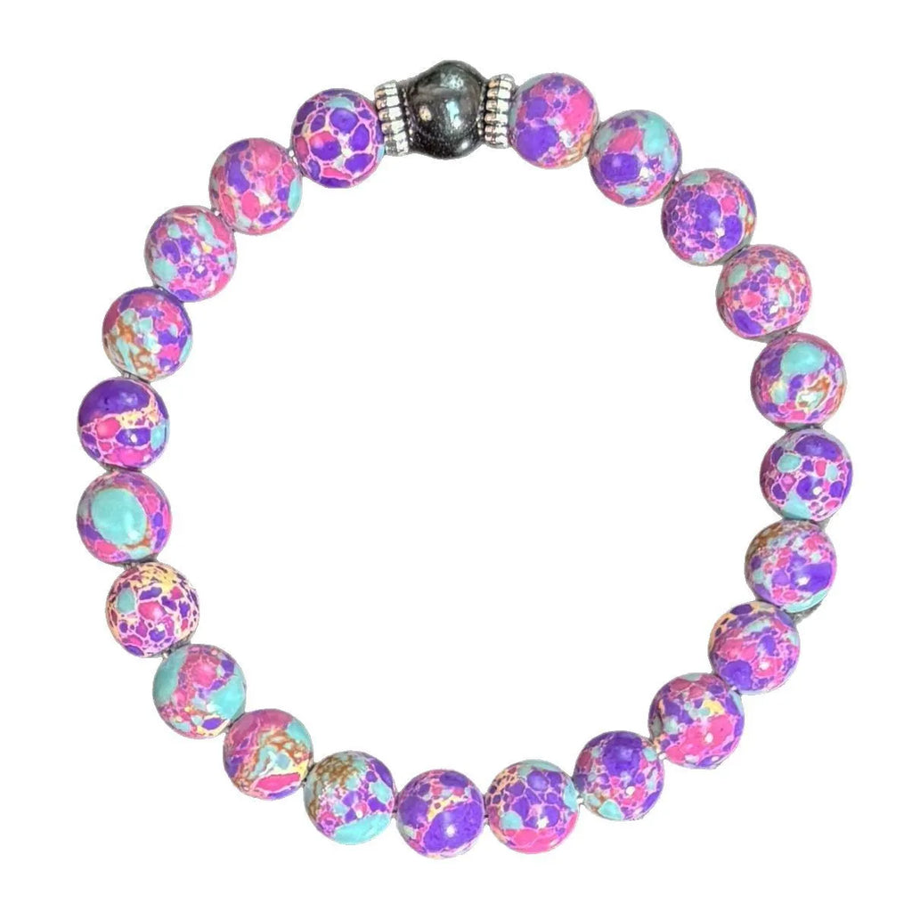 8mm geometric glass and coloured glaze beaded bracelet on elastic string, transparent colour, unisex handmade design