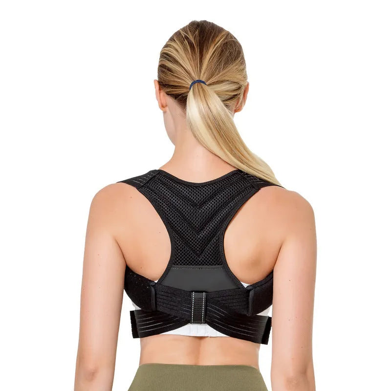 Black adjustable anti-humpback posture correction belt shown on size chart