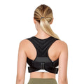 Black adjustable anti-humpback posture correction belt shown on size chart