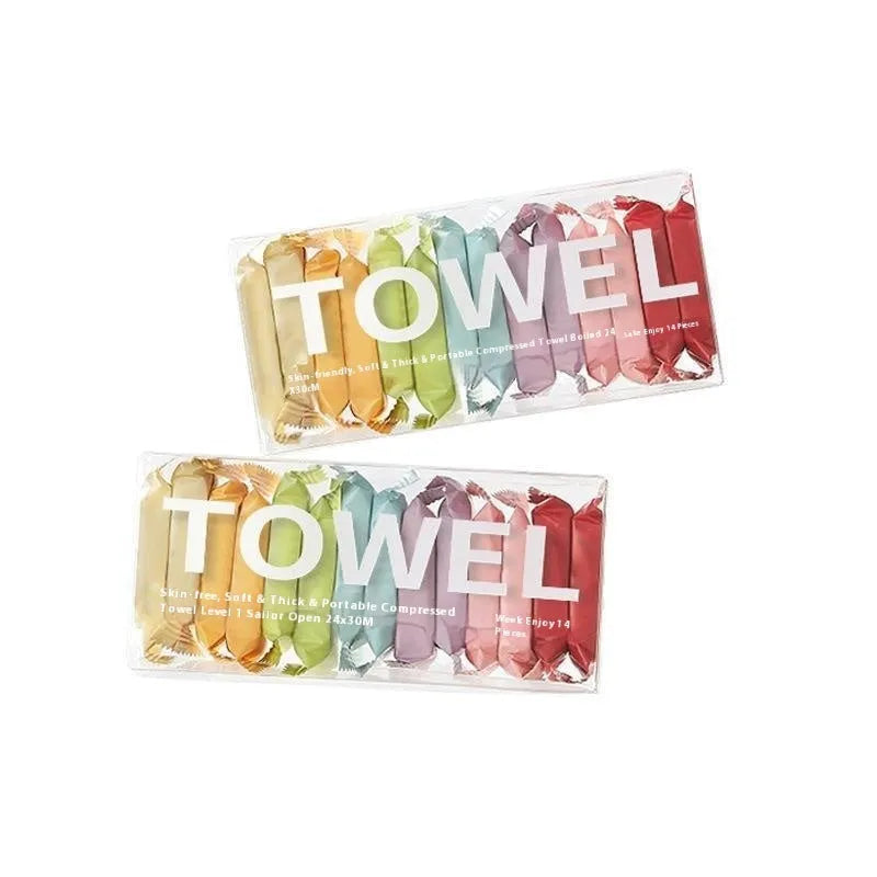 Boxed pack of 14 compressed resin face cloth towels for travel makeup removal, 75g weight