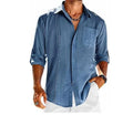 Men's grey cotton blend long sleeve shirt with polo collar and lace pocket detail