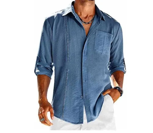 Men's grey cotton blend long sleeve shirt with polo collar and lace pocket detail