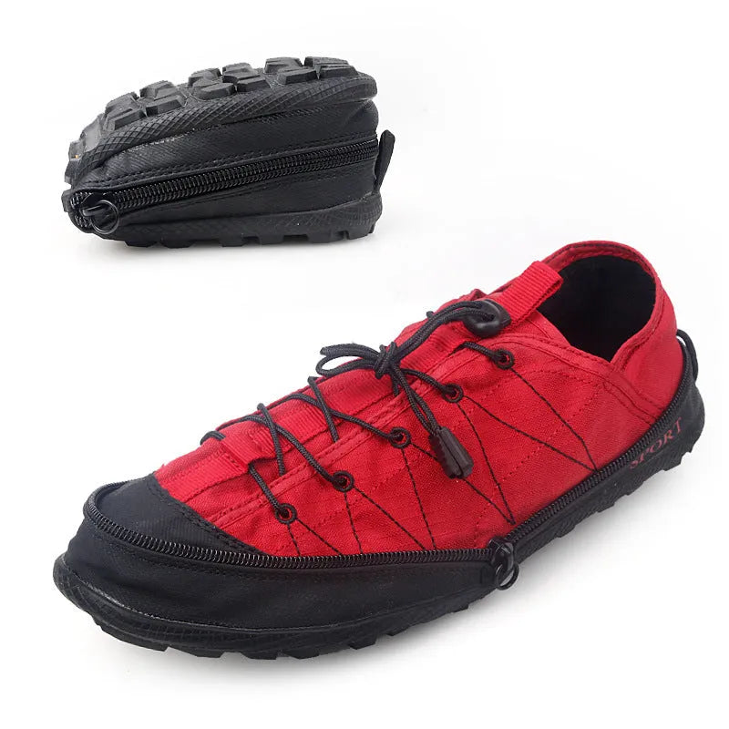 Orange portable folding outdoor shoe with mesh upper and side zipper, shown partially folded.