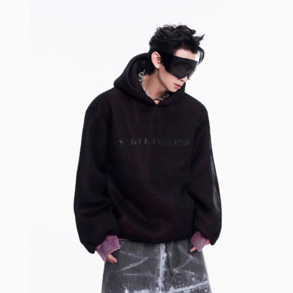 Men's black ash hollow out knitmesh hooded fleece lined sweater loose fit side view