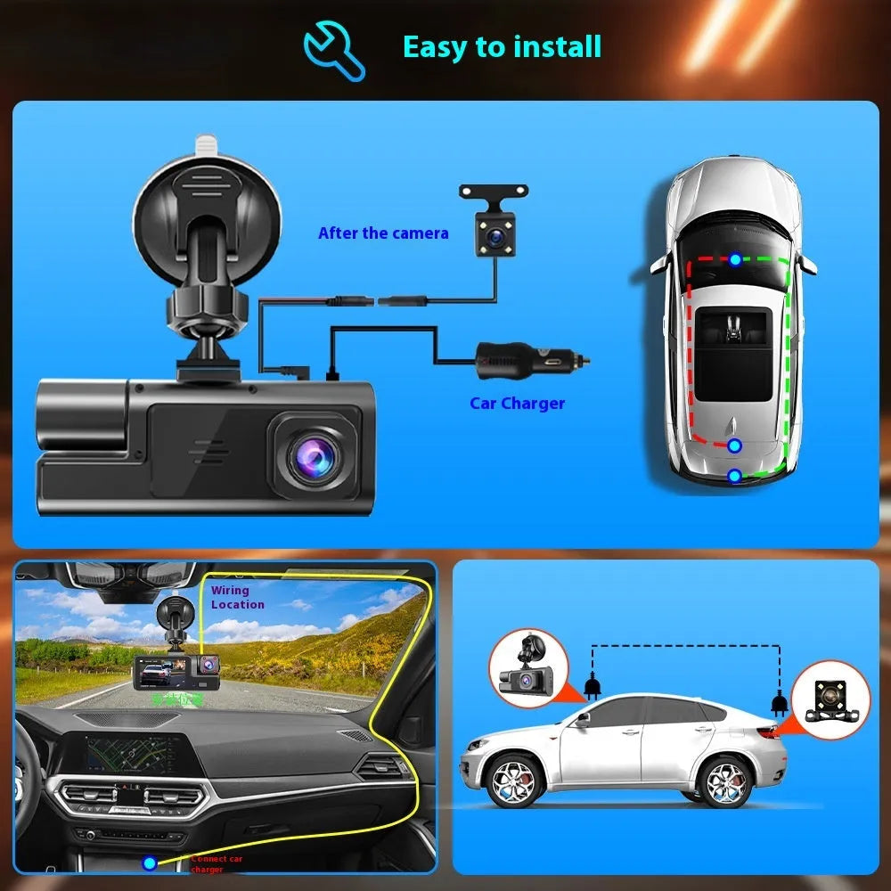 Black car dash cam with 2-inch screen, mounted on windscreen, showing WiFi logo and rear camera for reversing image.