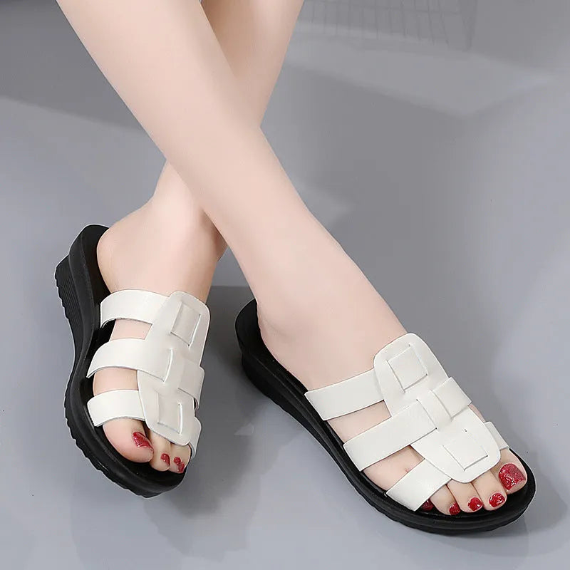Women's beige flat bottom slippers with viscose uppers and soft soles